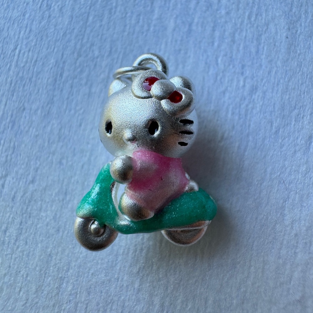 Fine Silver Hello Kitty Riding Scooter Enameled Charm Cute New